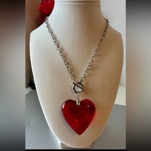 Large Red Glass Heart Pendant Necklace Love Necklace Chunky 3D Heart Charm New